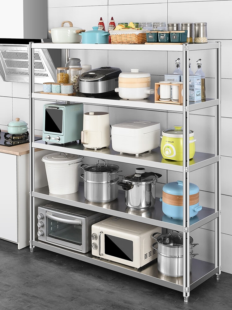 不锈钢厨房置物架落地多层五层柜锅架子微波炉储物收纳架家用货架 长