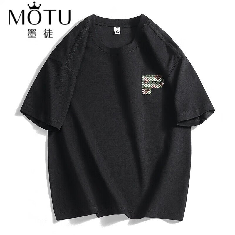 墨徒（MOTU）T恤男2024新款青少年短袖体恤宽松刺绣上衣服 黑色 M