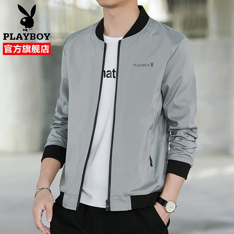 花花公子（PLAYBOY）夹克男外套男装2025春秋季新款韩版男士棒球服饰休闲青年上衣服男 灰色 3XL