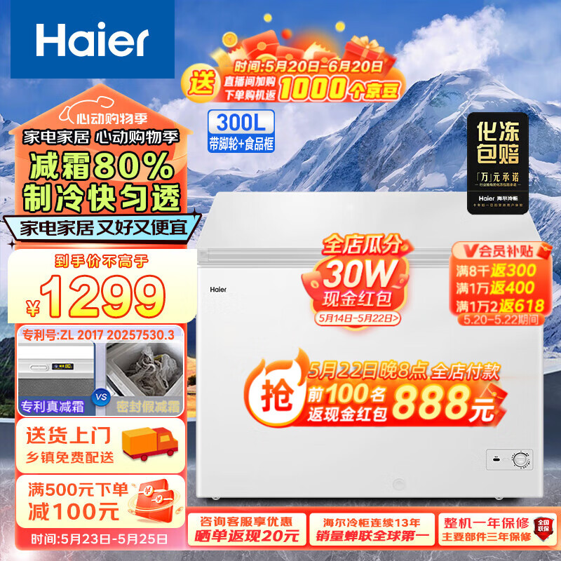 海尔（Haier）300升卧式低霜商用家用冰柜 大容量冷藏柜冷冻柜小冰柜家用母乳小型冰箱冷柜BC/BD-300GHD以旧换新 专利减霜80%家商两用 300L