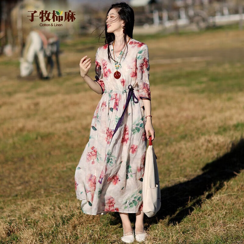 子牧棉麻春夏装 女复古文艺碎花七分袖连衣裙系带收腰显瘦长裙子6388 花色 L (建议115-125斤)