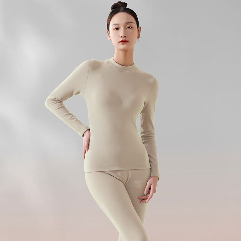 佧森滋半高领棉保暖内衣棉女士加厚双面绒磨毛打底衫秋衣男中领套装 女G2002若草色-中领套 M
