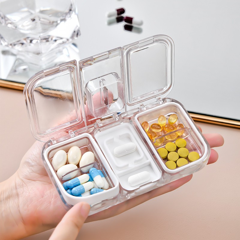 亿乐简约小药盒便携式小号迷你7天大容量分药器随身药片药物分装盒子 透明白*1个【带切药器】