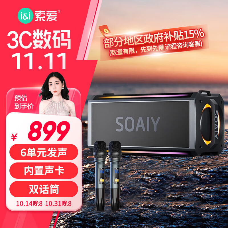 索爱（soaiy）SH05户外K歌5.3蓝牙音箱声卡音响一体机四喇叭双振膜立体声重低音炮混响广场舞直播带2个麦克风