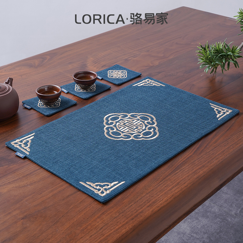 骆易家（Lorica）新中式茶杯垫茶桌垫布防烫布艺餐垫隔热垫刺绣茶垫花瓶垫 悦轩阁（麻）-蓝色 单茶席30*50cm