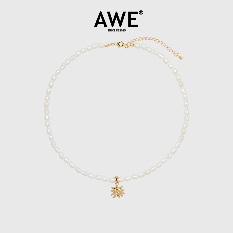 金色小太阳颈链法式轻奢小众高级感锁骨链 白色珍珠小太阳项链37 6cm
