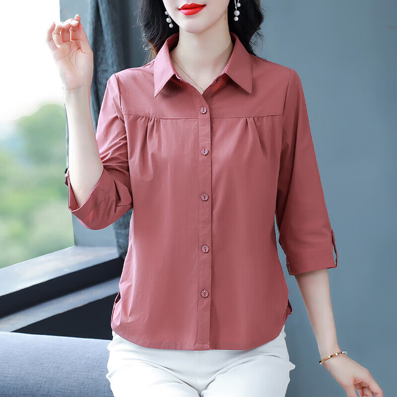 个子妈妈夏装衬衫女士装春季新款百搭 红色感时尚气质时髦洋气女士减