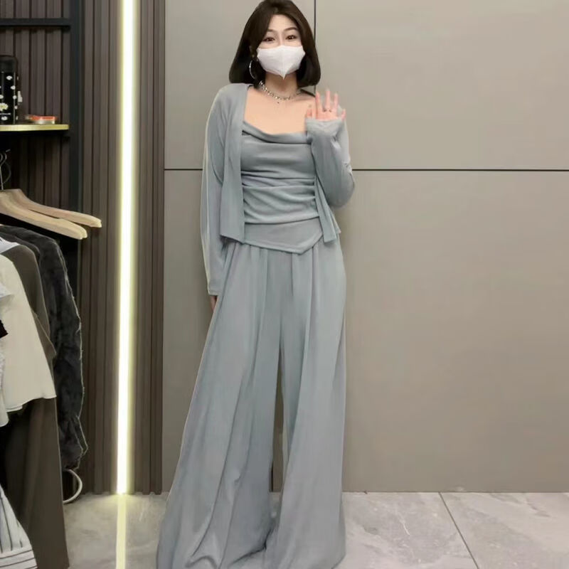 秋季显瘦遮肉吊带开衫外套时尚休闲阔腿裤三 灰色三件套 2xl100125斤