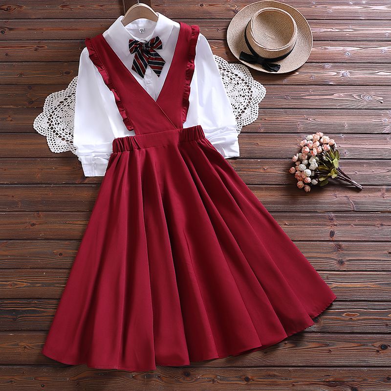 背带连衣裙女学生套装设计感春夏jk制服连衣裙少女初中高中 酒红色长