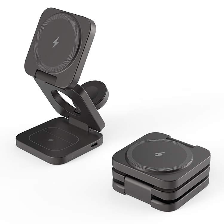 十一号线磁吸三合一无线充充电器 苹果MagSafe充电桌面便携折叠手机立式快充支架磁吸式可折叠通用 三合一无线充（黑色）-X55