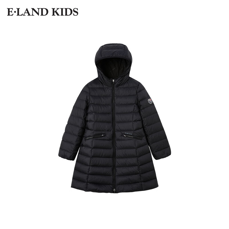 E·LAND KIDS衣恋冬季新品女童双插袋三防连帽鹅绒羽绒服 Black黑色/19 150