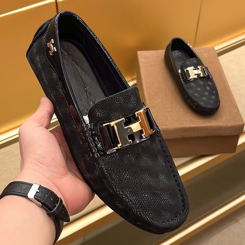 爱马仕欧洲站潮流h扣豆豆鞋男2024新款男士休闲皮鞋英伦懒人鞋 黑色