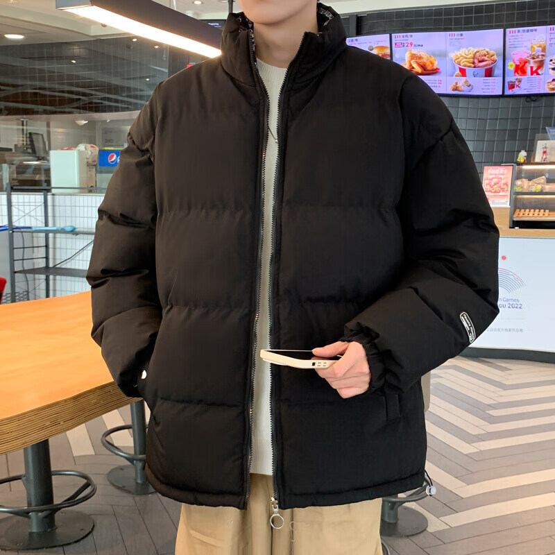 卡柏奇宽松大码棉衣男冬季加厚立领休闲时尚面包服潮流情侣 黑色 M