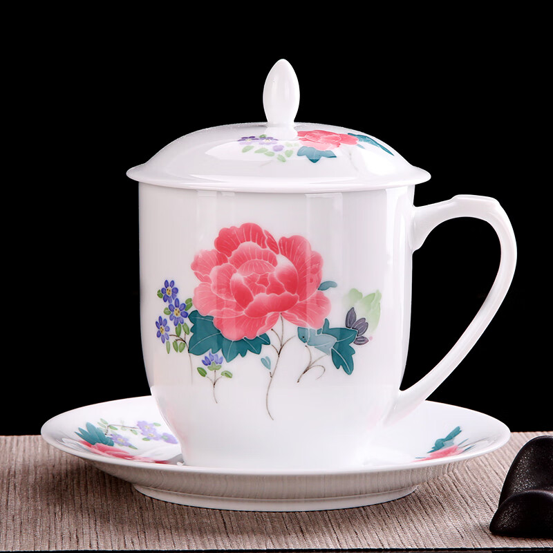 龙玪醴陵陶瓷茶杯釉下五彩瓷器品茗白瓷茶杯陶瓷带盖办公用水杯会议杯 芙蓉
