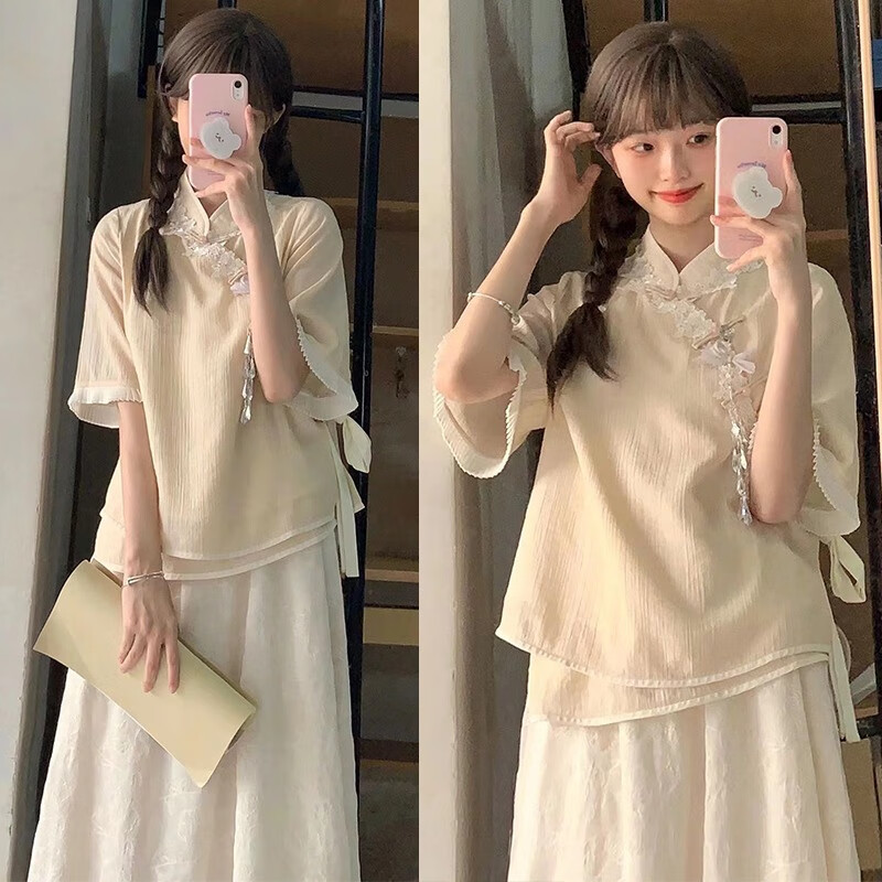 国风禅意装年轻款旗袍改良连衣裙两件 旗袍上衣 旗袍半身裙套装(无配