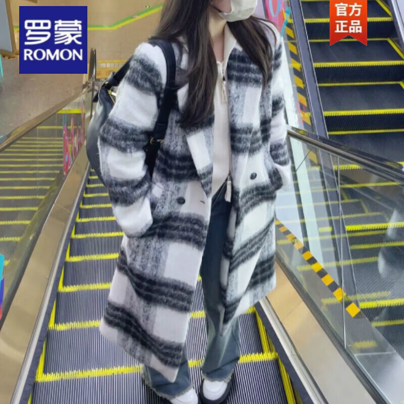 罗蒙（ROMON）格纹毛呢外套女冬季2023新款韩版复古宽松百搭中长款过膝呢子大衣 黑白 S高性价比高么？