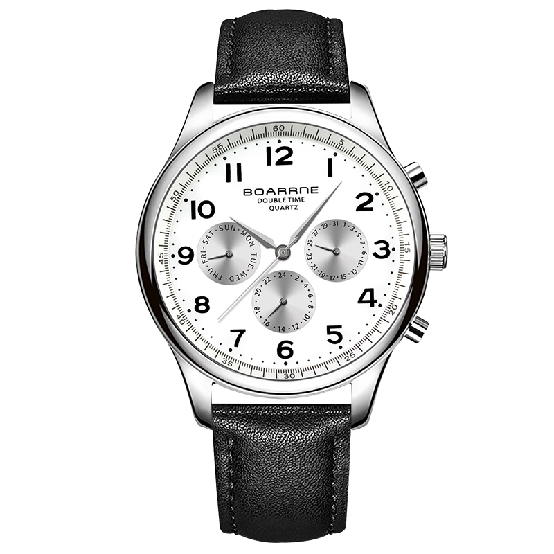 伯恩（BOARRNE）學(xué)生手表男 初中高中學(xué)生青少年專(zhuān)用考試手表防水靜音石英表 1607-雅白盤(pán)-黑皮帶-男表