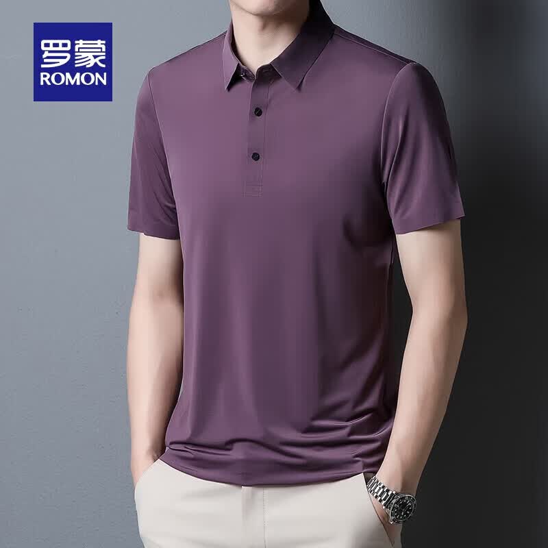 罗蒙（ROMON）冰丝高弹短袖POLO衫男夏季新款纯色无痕凉感宽松上衣男 紫色 L (170) (建议125-140斤)