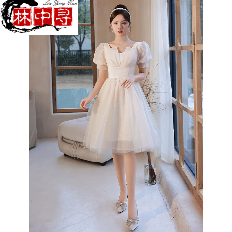 女中学生钢琴比赛演出服小个子晚礼服轻奢小众香槟色短款法式仙气生日