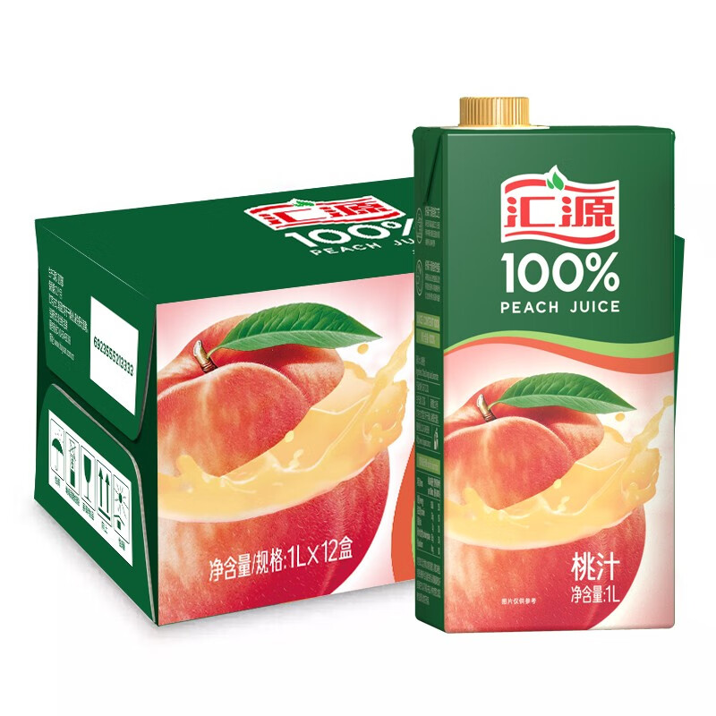 汇源果汁 桃汁果汁饮料 100%桃汁1l*12盒 饮料整箱