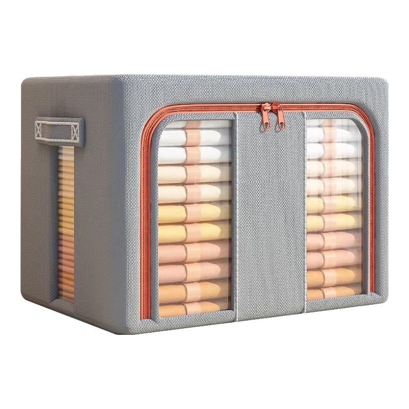 友納（YOUNA）牛津布鋼架收納箱特大號(hào)可視窗收納盒衣服儲(chǔ)物箱棉被整理箱可折疊 牛仔藍(lán)【優(yōu)質(zhì)棉麻】雙視窗 88#【50*40*40cm】加粗三鋼架