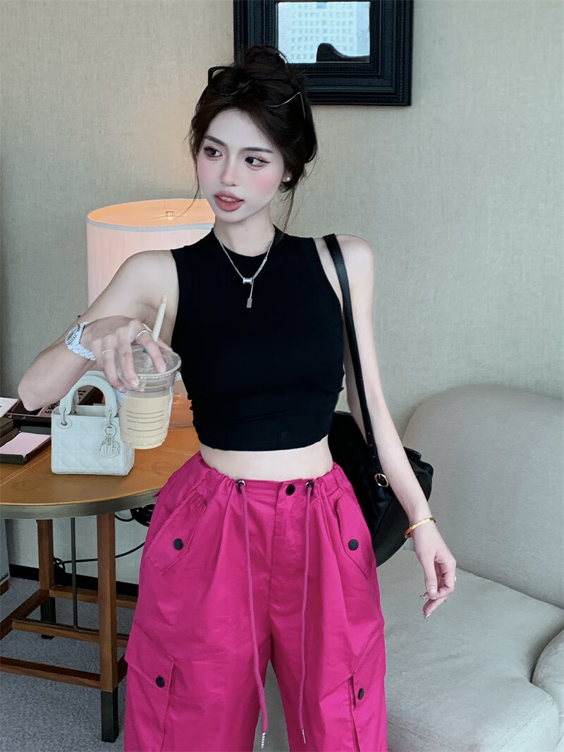 雅秀配阔腿裤的上衣搭配女夏外穿短款上衣高腰裤子宽松美式 黑色背心