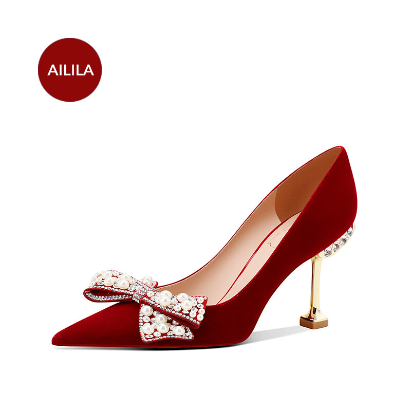 爱丽拉（AiLiLa）红色秀禾服婚纱两穿婚鞋女新款新娘鞋水晶高跟鞋宴会酒席礼服单鞋 酒红 & 6厘米 33