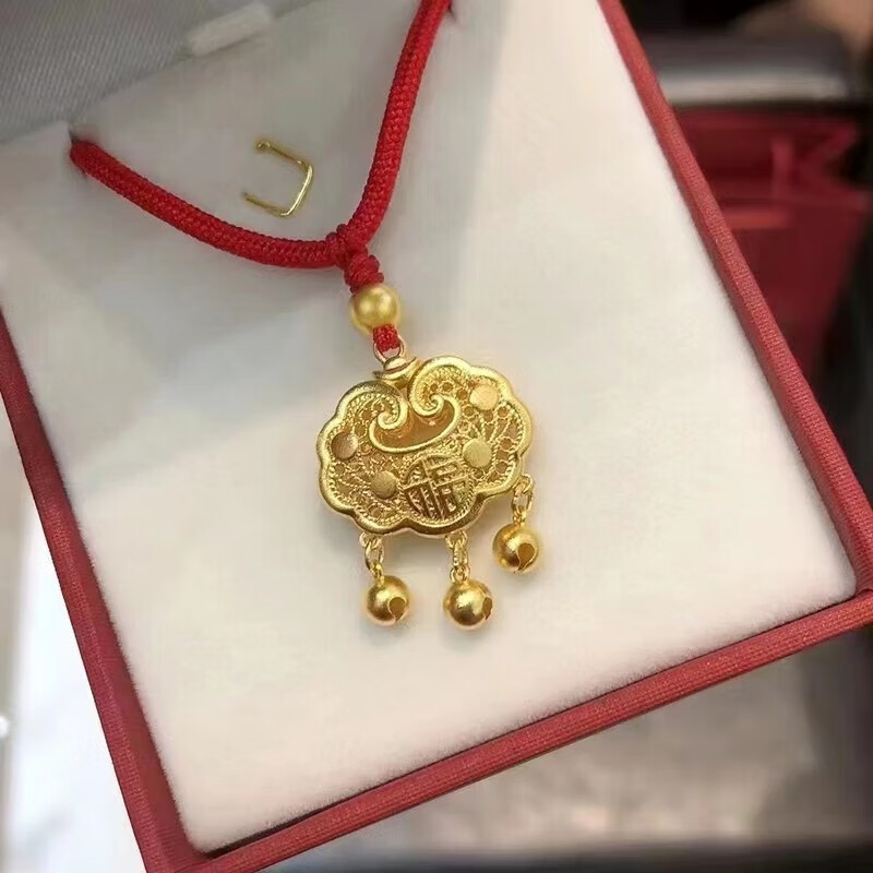 硬金平安锁礼物硬金项链吊坠宝宝福字硬金长命锁女双面 平安锁 1金珠