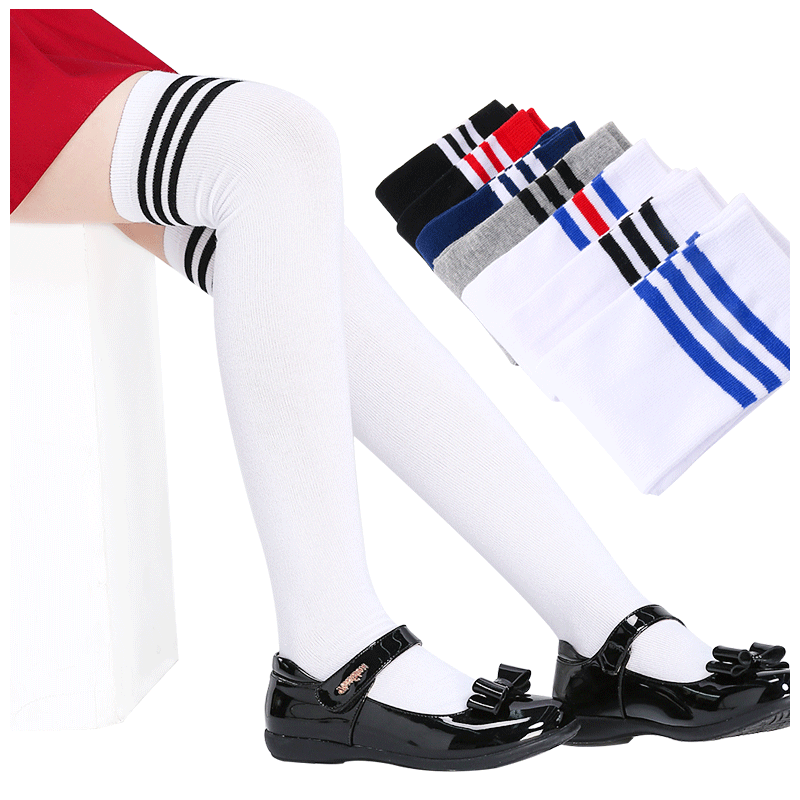 芭比儿童长筒袜过膝棉堆堆薄款学生女童中筒袜春秋男童高筒足球袜子白色黑条纹+白色红蓝条纹 L建议120-160cm