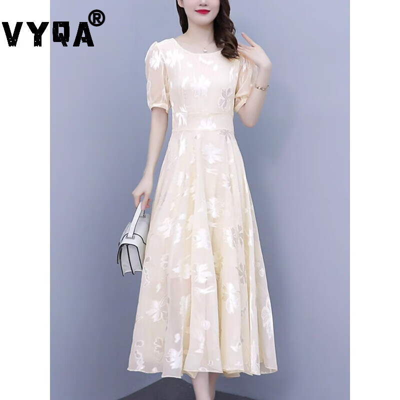 VYQA高端品牌 法式雪纺连衣裙女 夏季新款时尚气质减龄收腰显瘦中长裙 杏色 L
