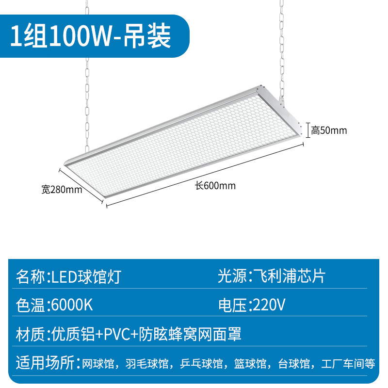 LED防眩目球馆专用灯室内兵乓球羽毛球馆照明灯工厂车间无影吊灯 100w飞利浦600*280吊装