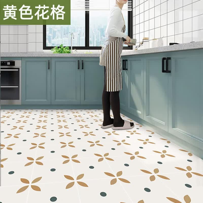 皇昇【特厚】地板贴卫生间加厚地砖翻新贴纸厨房防水防滑地面耐磨遮丑 黄色花格【防滑耐磨】0.35MM特厚 5米长*60厘米宽+工具