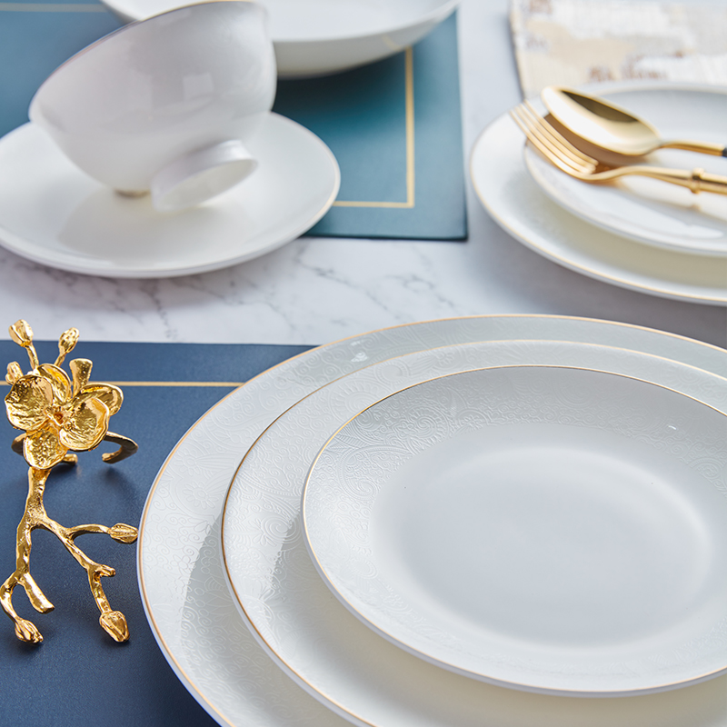 隆达骨瓷陶瓷碗盘餐具套装现代创意简约ins风浮雕金乔迁结婚礼品 云泽套装 云泽家和套（大） 42件套
