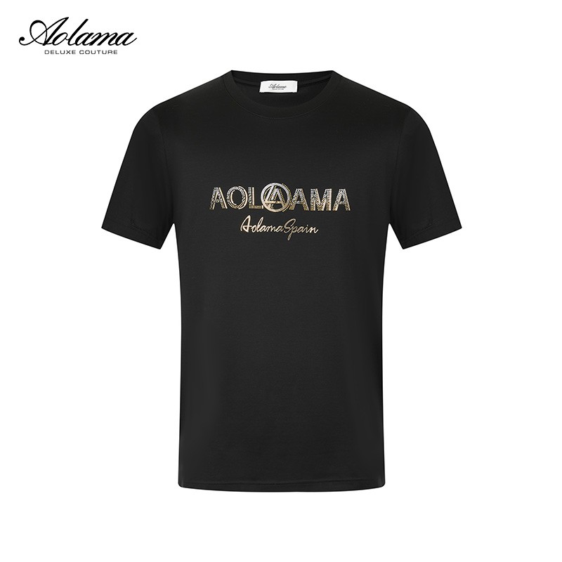 奥拉玛（AOLAMA）奢侈品男装短袖T恤新品简约时尚镶钻t恤男 黑色 50码175/96A