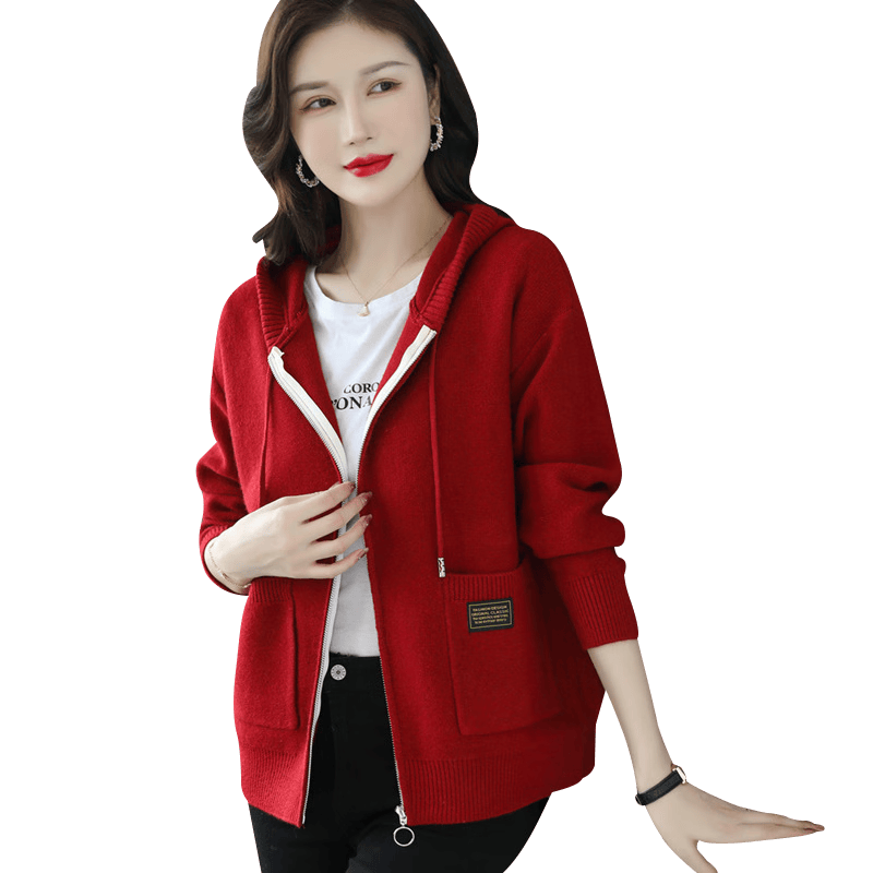 红蜻蜓连帽毛衣短外套女春秋装新款时尚外搭保暖宽松带帽针织开衫 酒红色长袖 均码