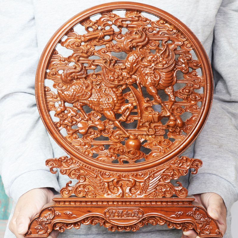 兴润阁 桃木麒麟木雕摆件台屏看盘装饰摆件客厅工艺品送人礼品 麒麟台