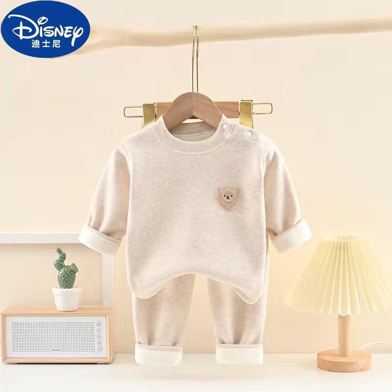 迪士尼（Disney）儿童宝宝加绒内衣套装秋冬新款长袖秋衣秋裤加厚保暖男女女童家居 加绒卡其小熊胸标套装 90