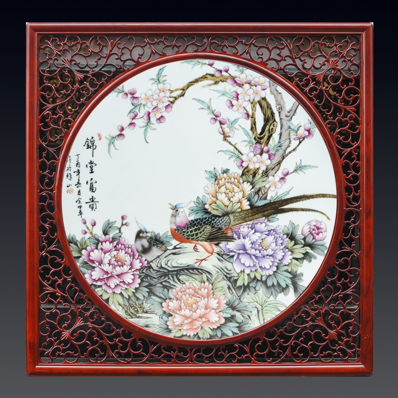 景德镇陶瓷手绘粉彩人物童子瓷板画 牡丹 挂画乔迁客厅玄关装饰画