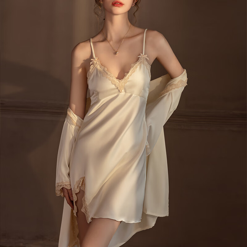 SANDROHOSTESS带胸垫吊带睡裙睡袍套装女性感睡衣秋冬冰丝薄款家居服 米白色 带胸垫裙+袍 M