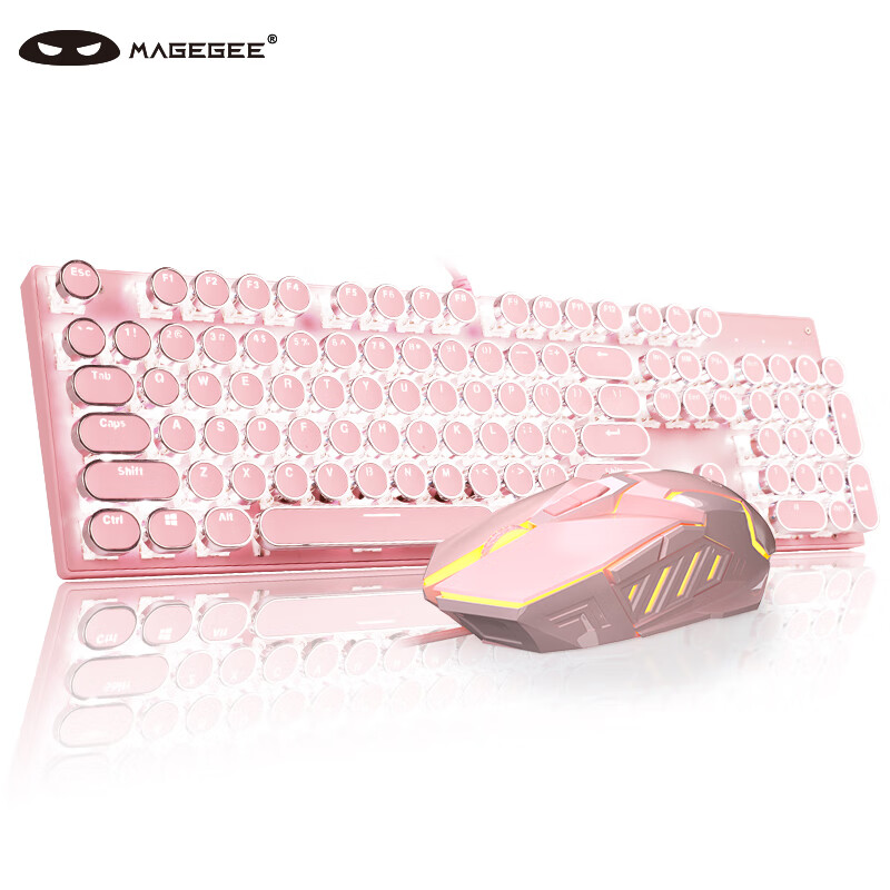 MageGee 机械风暴 有线背光键鼠套装 104键圆形键帽键盘 朋克机械键盘鼠标套装 电脑笔记本键鼠 粉色白光红轴