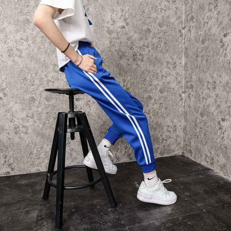 学生穿的秋天裤子校服裤子紫色两道杠春秋款宝蓝色束脚校服裤双白条初