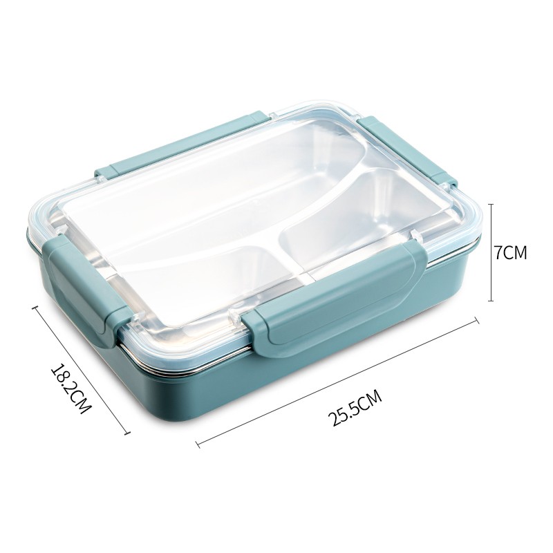 安买 304不锈钢饭盒分格便当盒学生食堂打饭快餐盒便携带盖上班族餐盒 蓝色三分隔1000ml