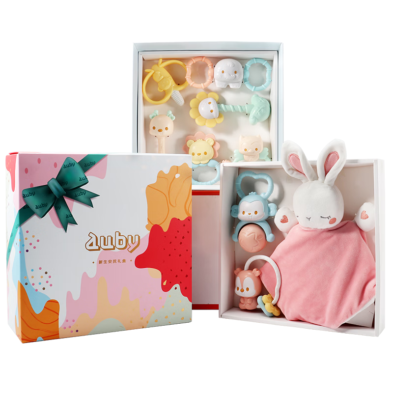 澳貝（auby）嬰幼兒童玩具寶寶牙膠手搖鈴新生兒禮盒安撫巾玩偶滿月生日禮物