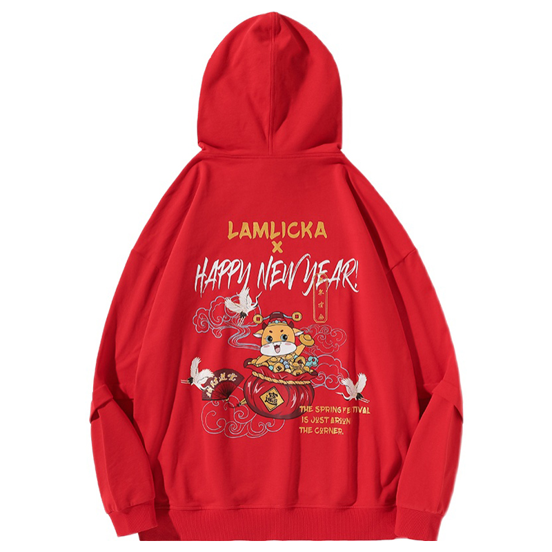 supreme)连帽卫衣男女潮牌2021秋季oversize宽松大码喜庆卫衣 红色