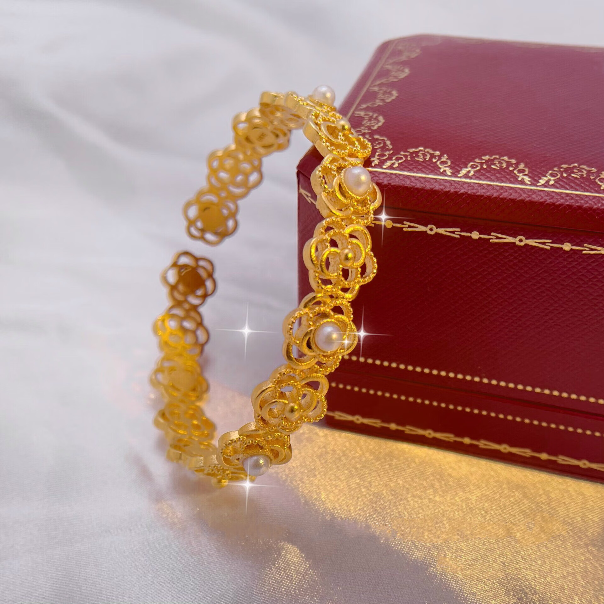 彩福古法5d工艺仿金结婚婚庆三金镯唐草纹淡水珍珠镀越南沙金喜庆手镯