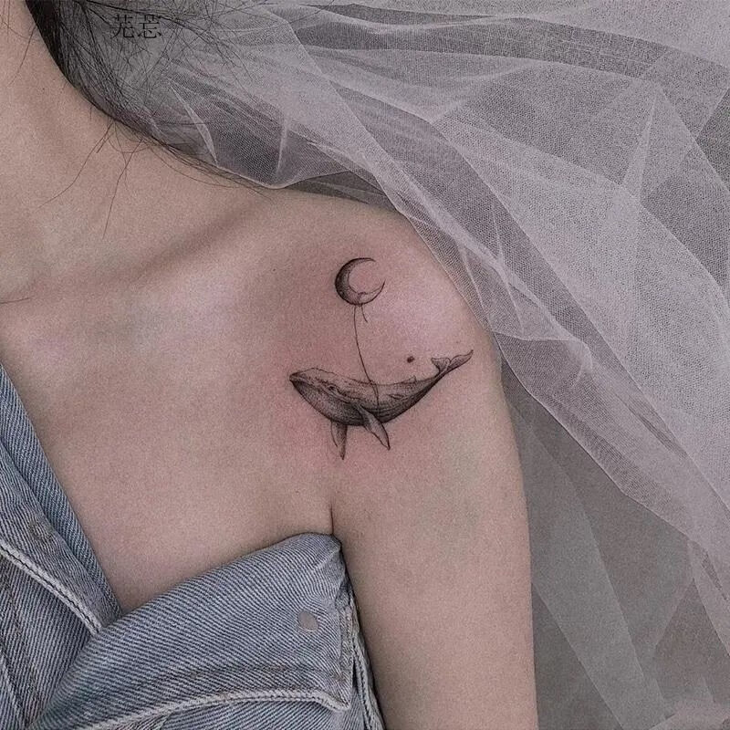 暗黑系ins风纹身贴防水女小清新情侣学生个性仿真纹身贴纸 月亮鲸鱼