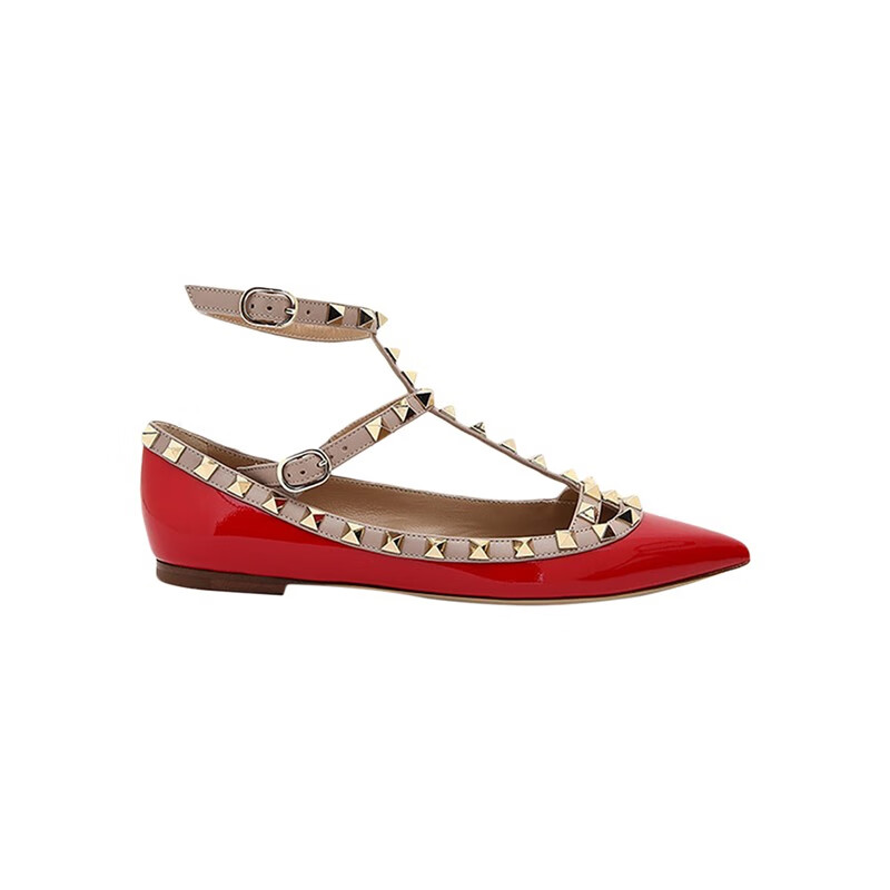 华伦天奴(valentino)【节日礼物】 女鞋红色皮革铆钉平底鞋便鞋 红色