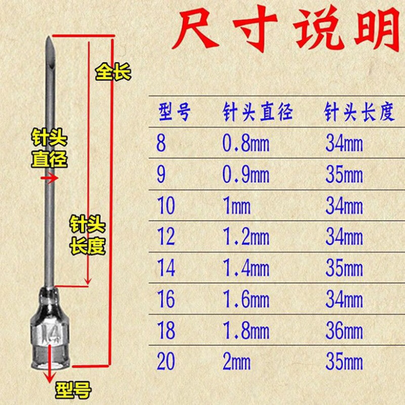 妍尘不锈钢空心针头:8/9/10/12/14/16/18/20号:注射器针筒兽用空芯针