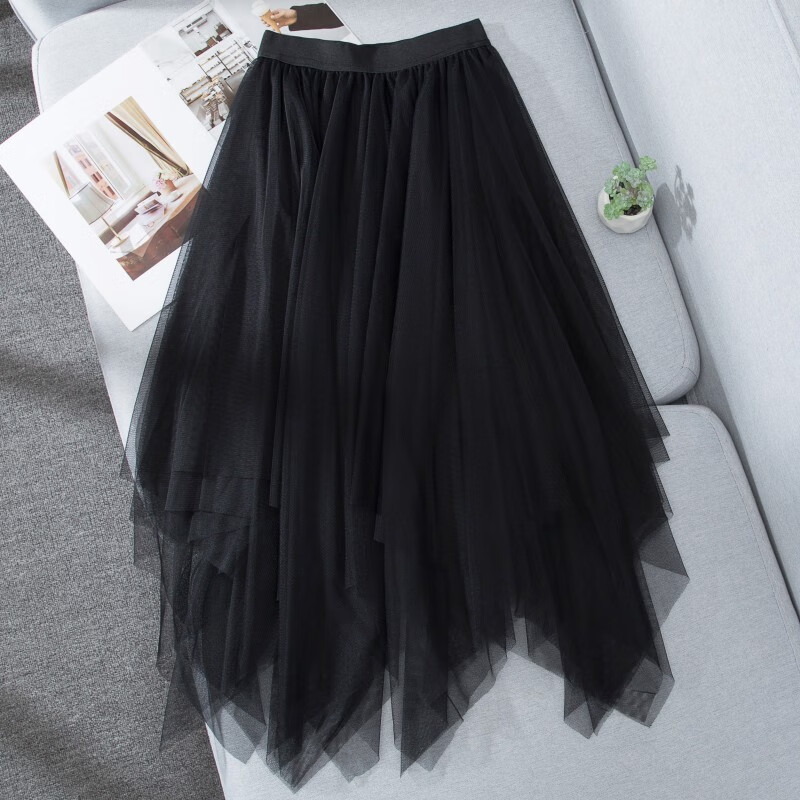 纱裙春秋不规则网纱半身裙高级感超仙女中长款高腰显瘦垂感a字裙 黑色