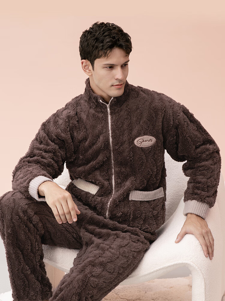 玛伦萨（manza）双面绒睡衣男冬季新款立领拉链休闲加绒加厚保暖家居服套装 碳灰 3XL